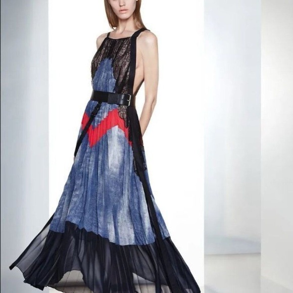 BCBGMaxAzria Dresses & Skirts - BCBGMaxAzria Runway gown in Black, Blue, and Red… high neck lace maxi dress